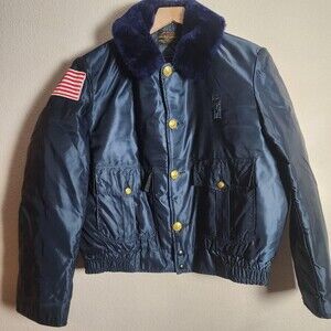 Vintage Gerber Jacket Mens Large Blue Car-Duty Nylon Bomber USA Flag Workwear